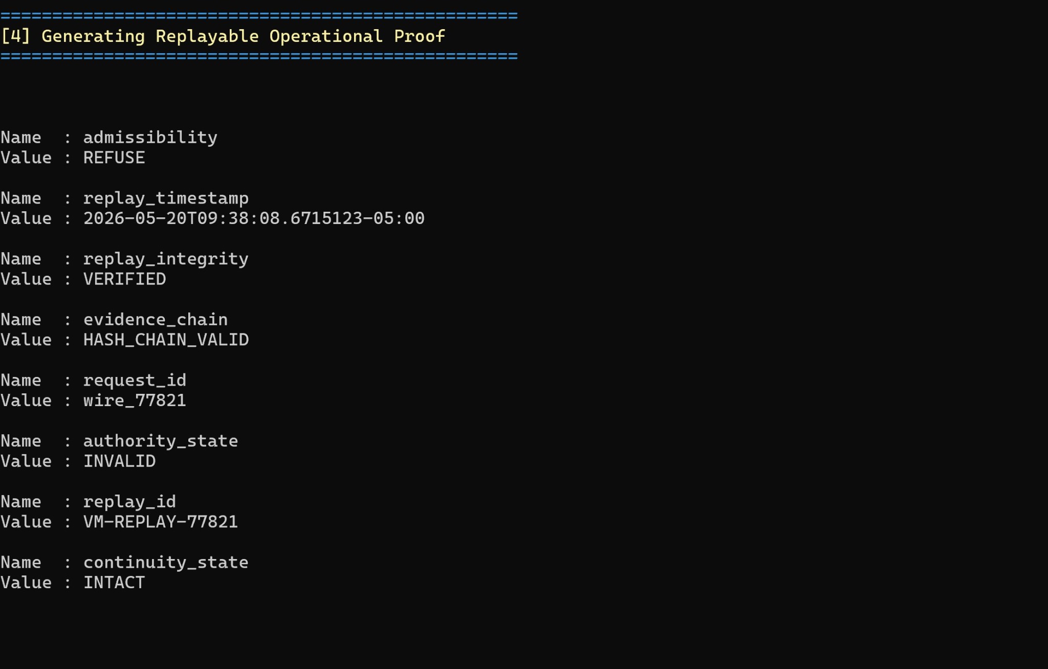VaultMind replay proof object showing replay integrity and evidence chain