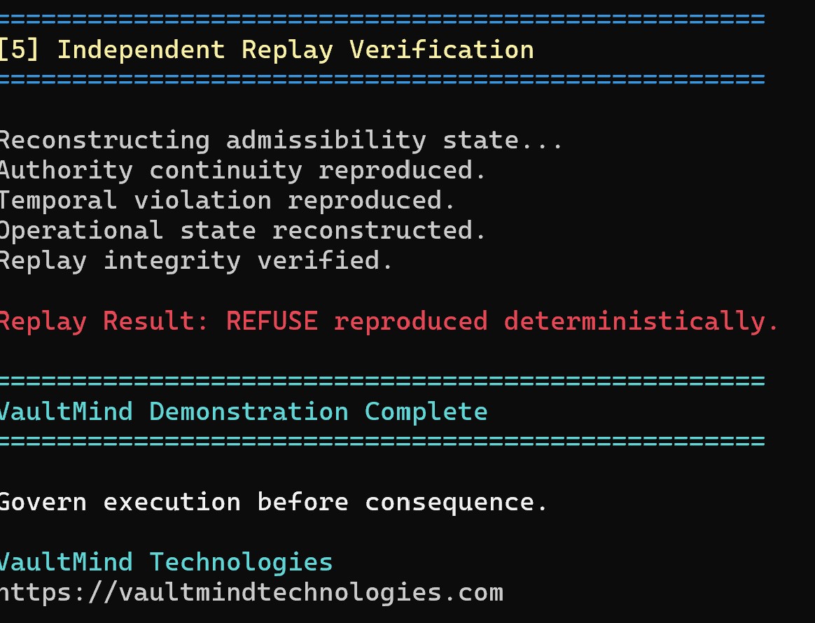 VaultMind replay verification showing REFUSE reproduced deterministically
